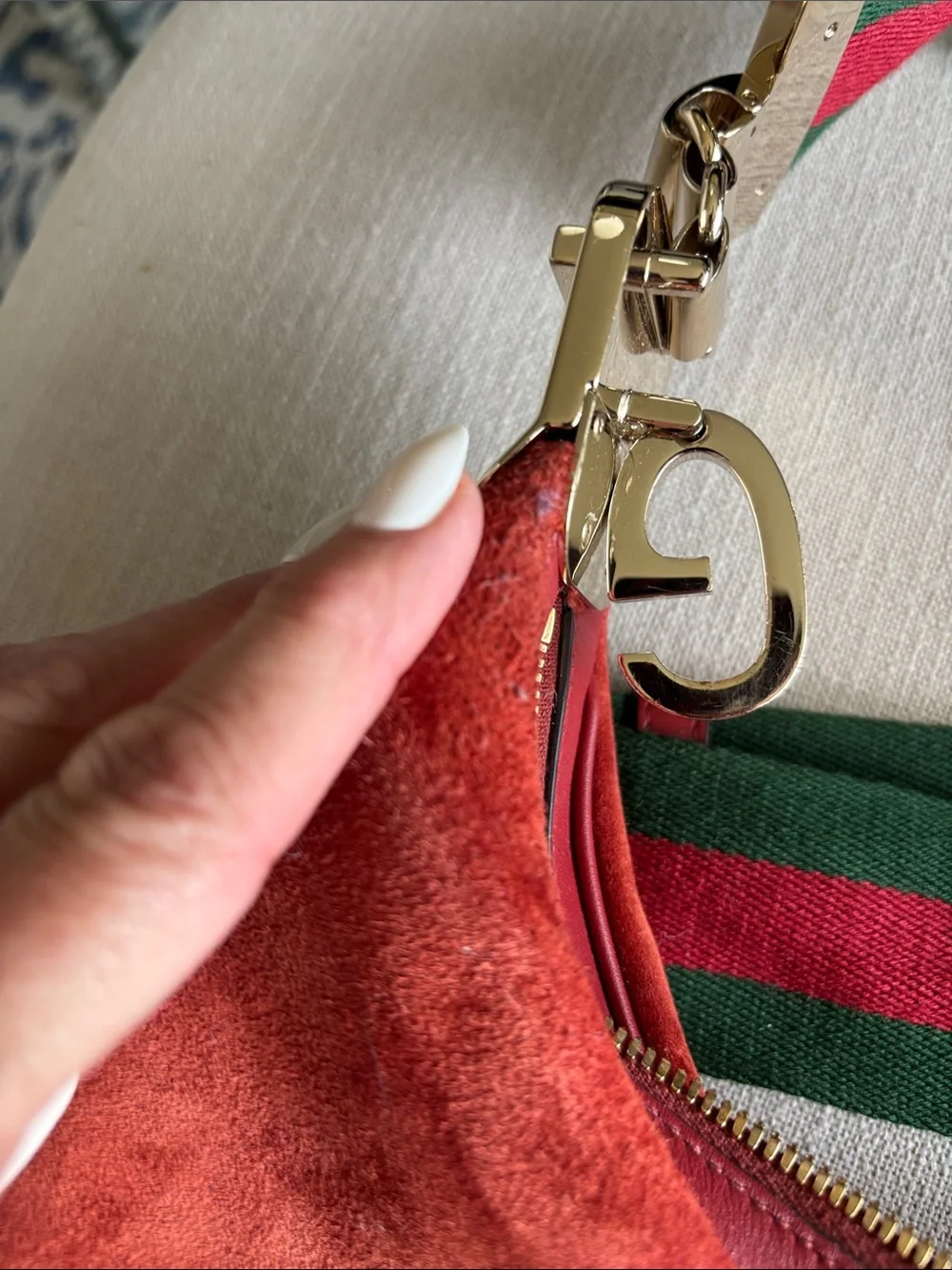 Gucci Orange Red Suede Shoulder Bag with Green-Red Web Strap - Picture 7 of 13